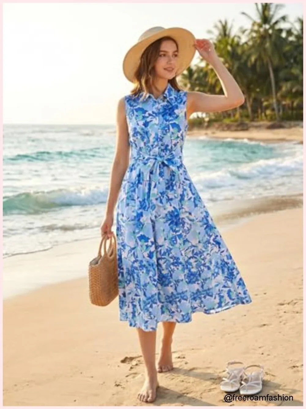 Sleeveless Floral Flowy A-Line Midi Dress with Pocket and Tie Belt